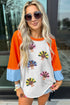 Sequin Turkey Graphic Color Block Raglan Long Sleeve Curved Hem Tee
